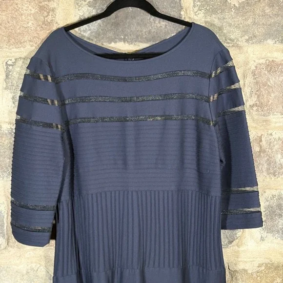 Tadashi Shoji Too Navy Blue Dress 1X Plus Size‎ Pleated Mesh Trim Party Formal